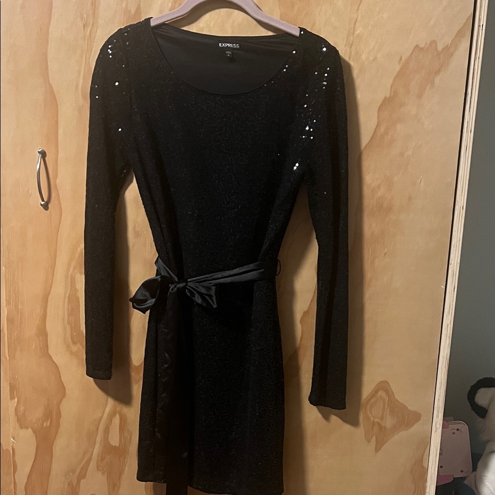 Express Elegant Black Sequin Dress with Belt